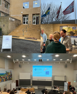 The picture shows the institute of cheministry at Aarhus university, as well as the flags of Sweden, Denmark, and Norway, as well as an exhibition with participants, and a presentation room at Aarhus university